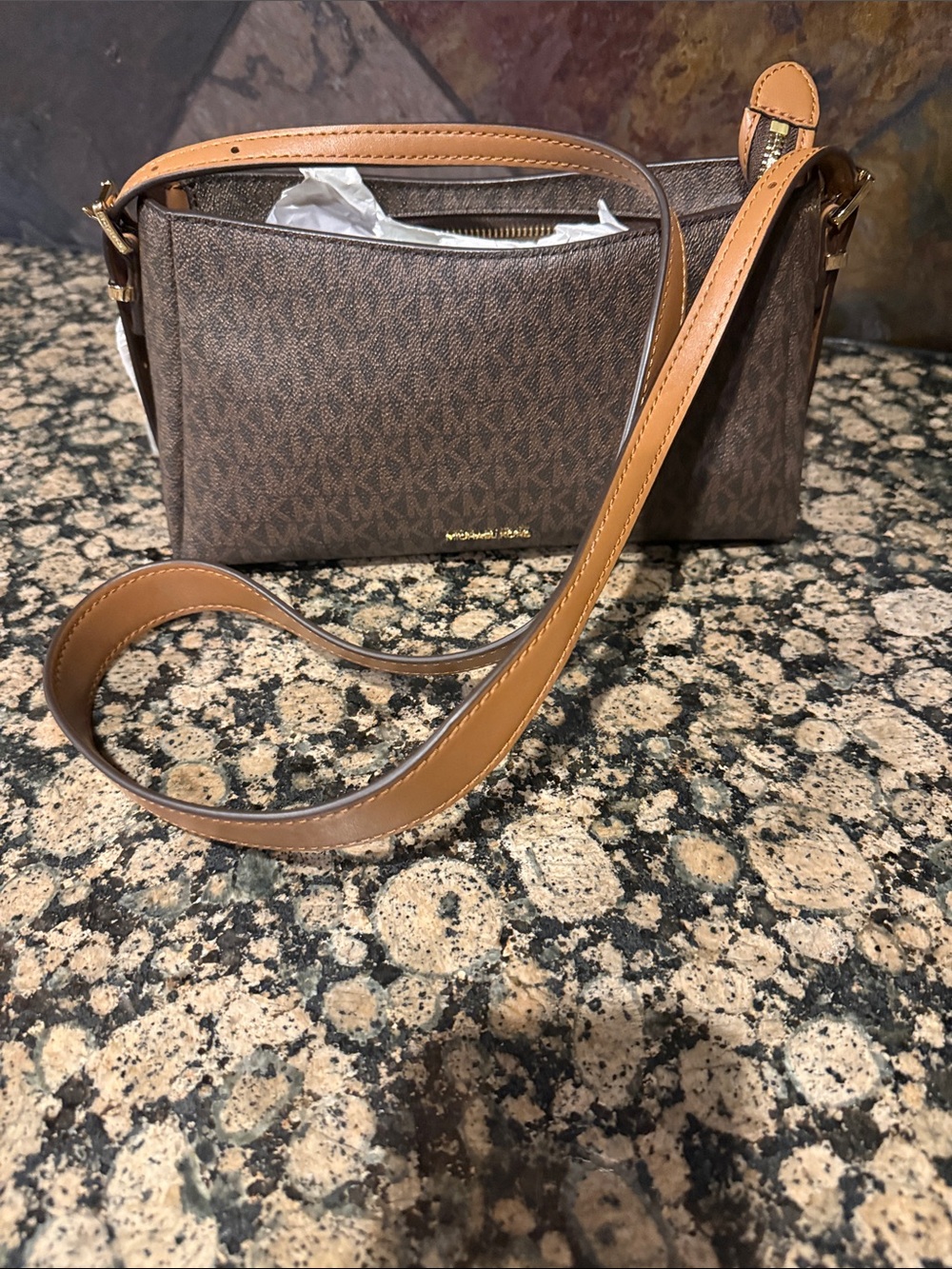 Michael Kors Brown Logo Small Crossbody with Tan Strap